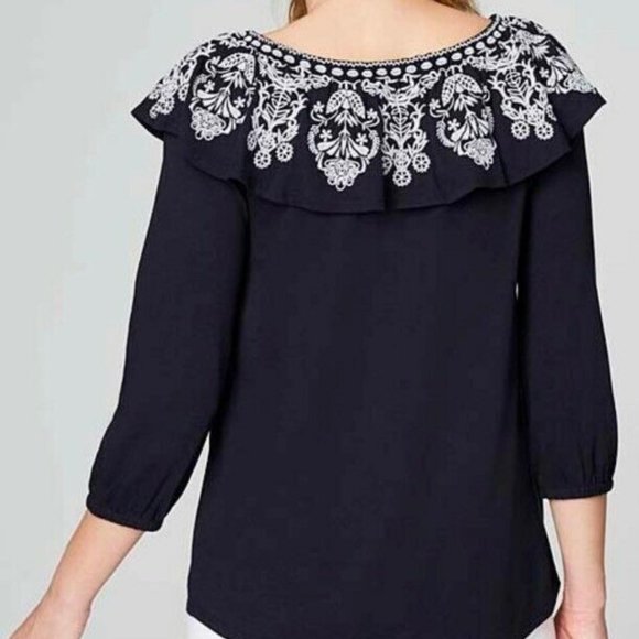 J. Jill Womens Off Shoulder Flounce Knit Top Blue - Picture 2 of 6